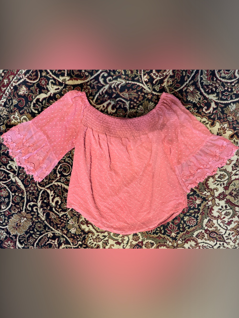 Women’s Pink Coral Off-Shoulder Eyelet lace bell sleeves med Top